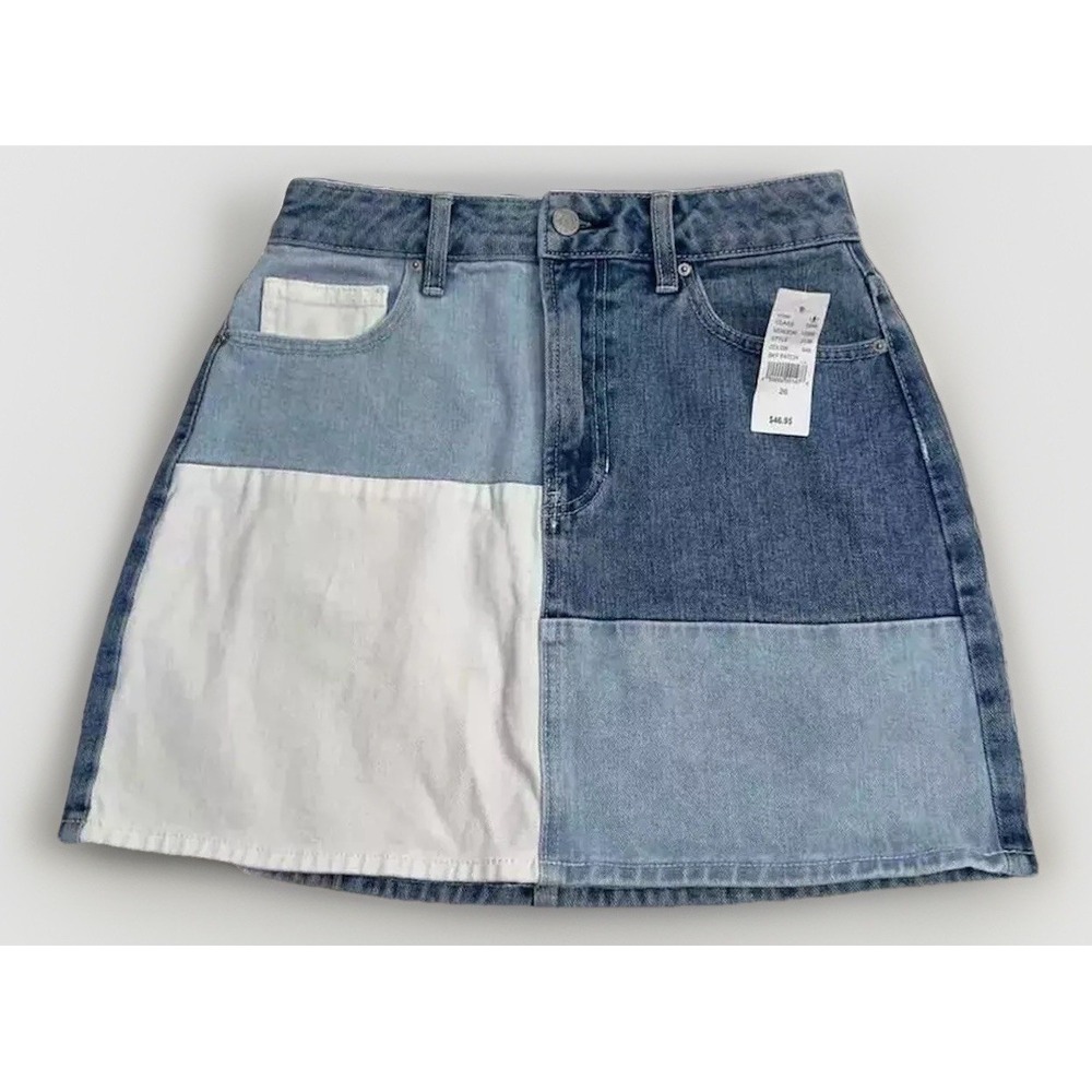 NWT PACSUN Denim Jean Skirt Patchwork Pattern Blue White Sz 26 NEW Skypatch $46